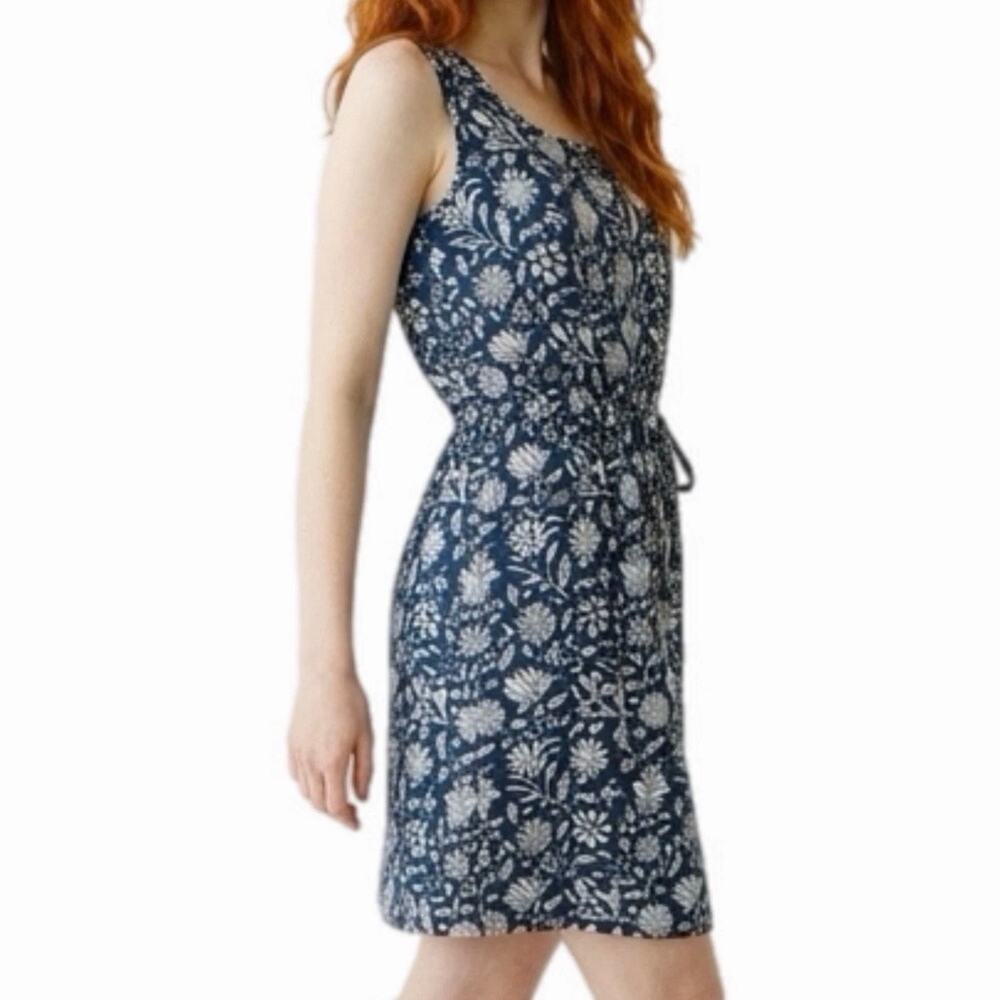 Amazon Women's Blouson Dress M Blue Floral Print Sleeveless Mini Drawstring